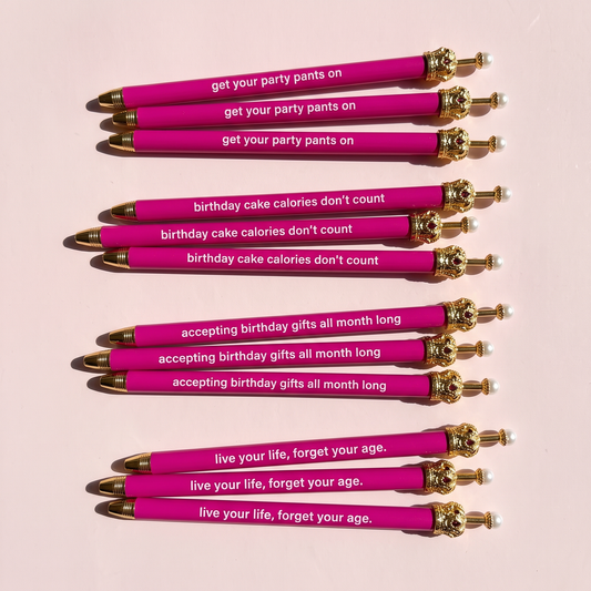Get Your Party Pants On! Birthday Hot Pink Crown Pen Set of 12 | Giftable Quote Pens | Gift for Her