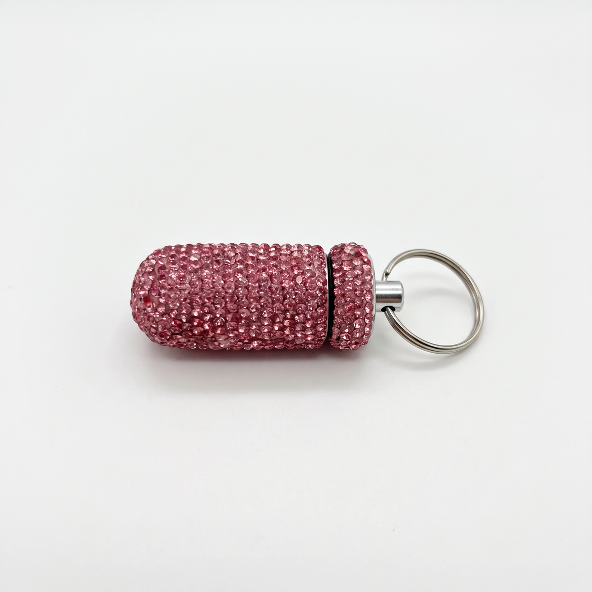 Diamond Doll Keychain Pill Case | Gem Encrusted Pill Bottle | Pink or Silver | 2.75"