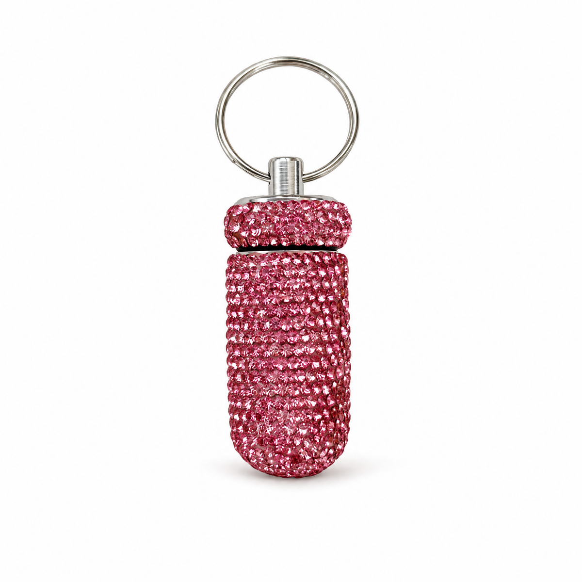 Diamond Doll Keychain Pill Case | Gem Encrusted Pill Bottle | Pink or Silver | 2.75"