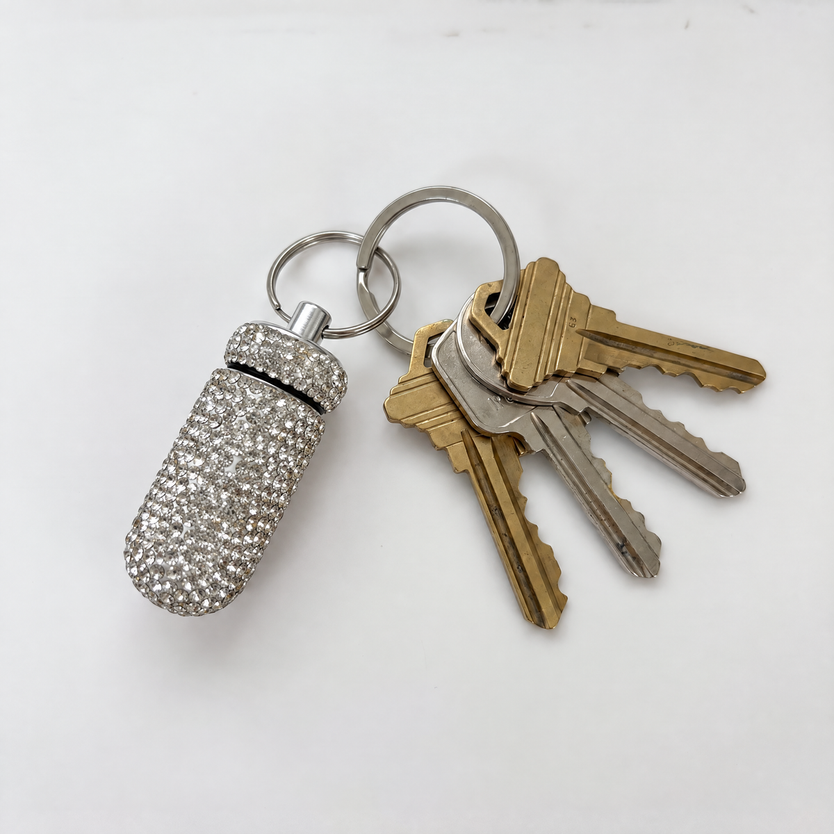 Diamond Doll Keychain Pill Case | Gem Encrusted Pill Bottle | Pink or Silver | 2.75"