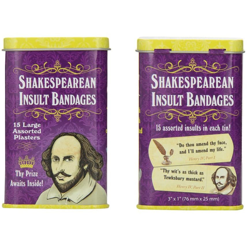 2 Pack Shakespearean Insult Bandages for Curs, Scoundrels, and Wretches | Funny Bandages in a Metal Tin