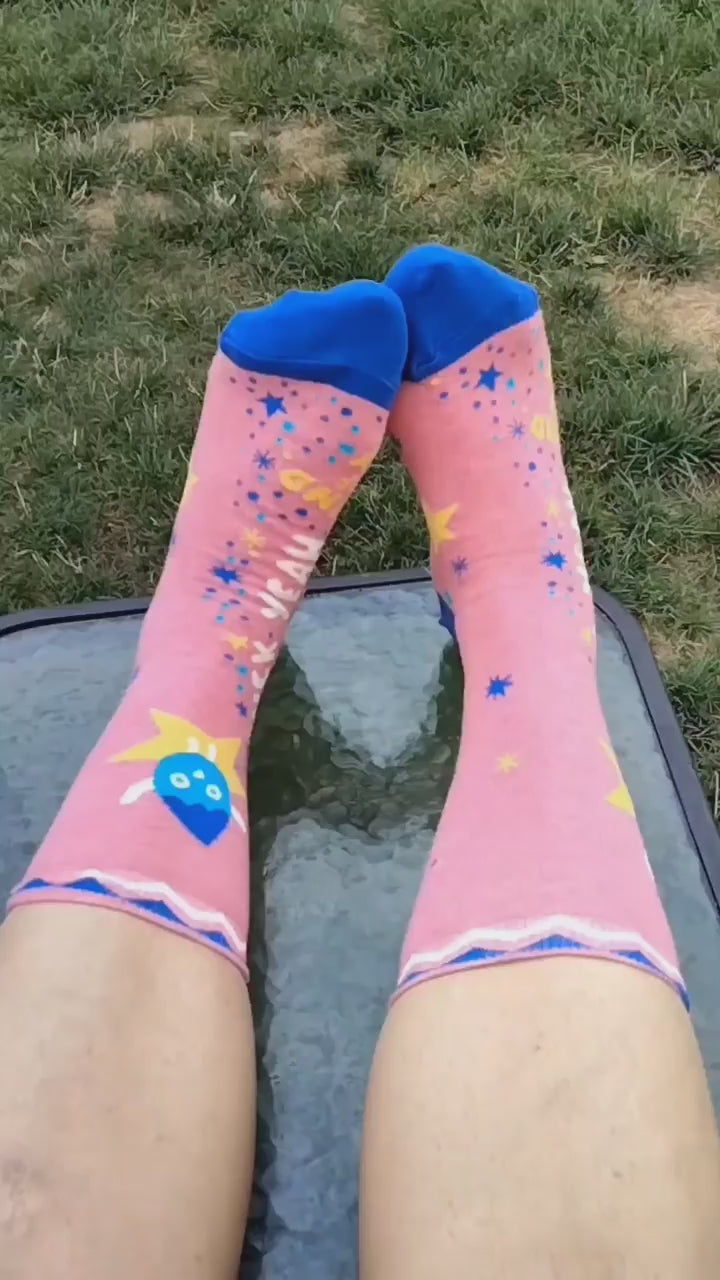 Video of model wearing Right sock photo of Fuck Yeah Kind Of Day Women's Colorful Printed Crew Socks