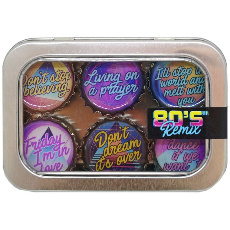 80's Remix Magnets 6 Pack | Round Bottle-Cap Style Magnet Set in a Gift Tin