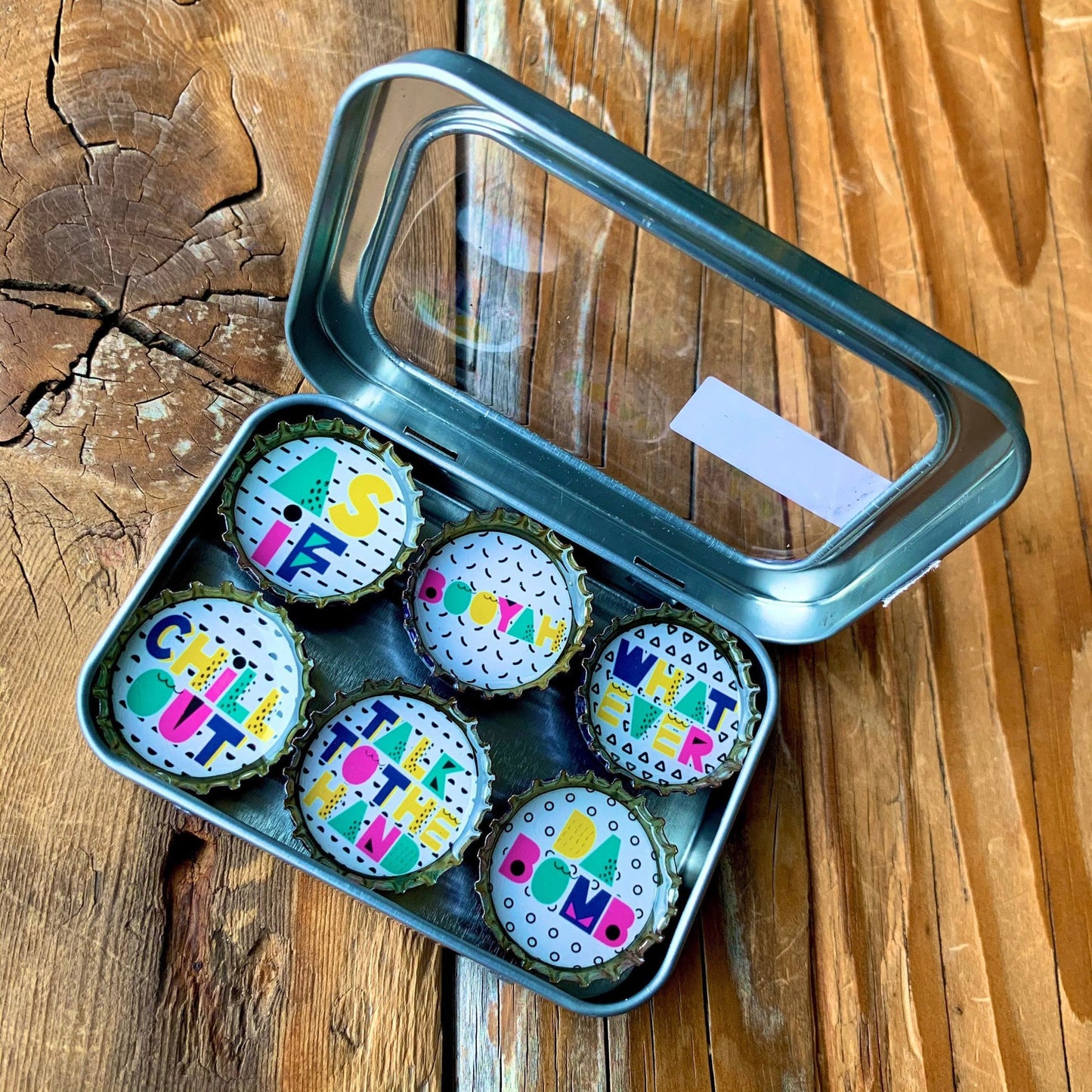 90's Magnet 6 Pack l Round Bottle-Cap Style Magnet Set in a Gift Tin