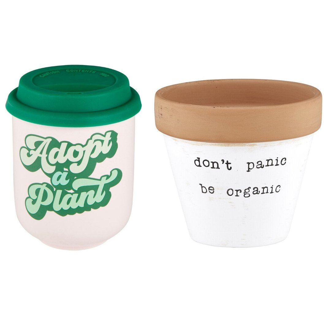 Adopt a Plant Mug and Don't Panic Be Organic Plant Pot Bundle