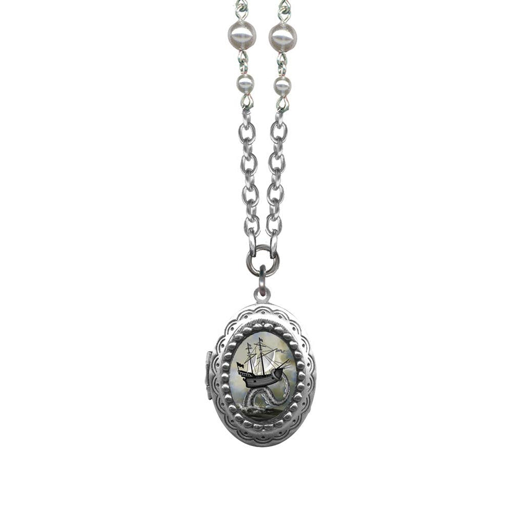 Ahoy! Ship and Sea Monster Locket | Silver Plated Handmade Necklace with Real Working Locket