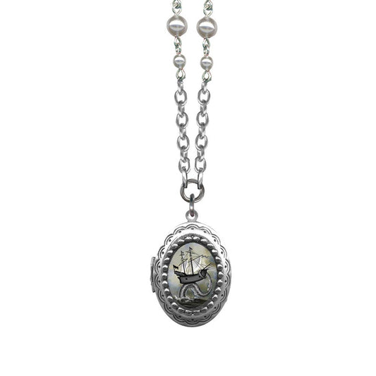 Ahoy! Ship and Sea Monster Locket | Silver Plated Handmade Necklace with Real Working Locket