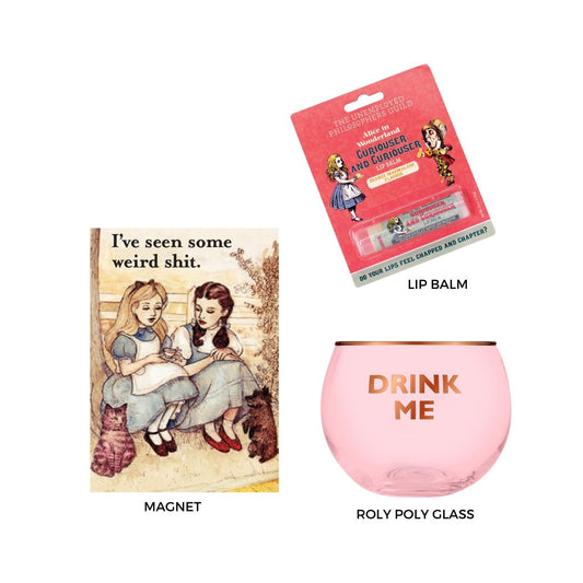 Alice in Wonderland Bundle | Magnet, Lip Balm, Roly Poly Glass