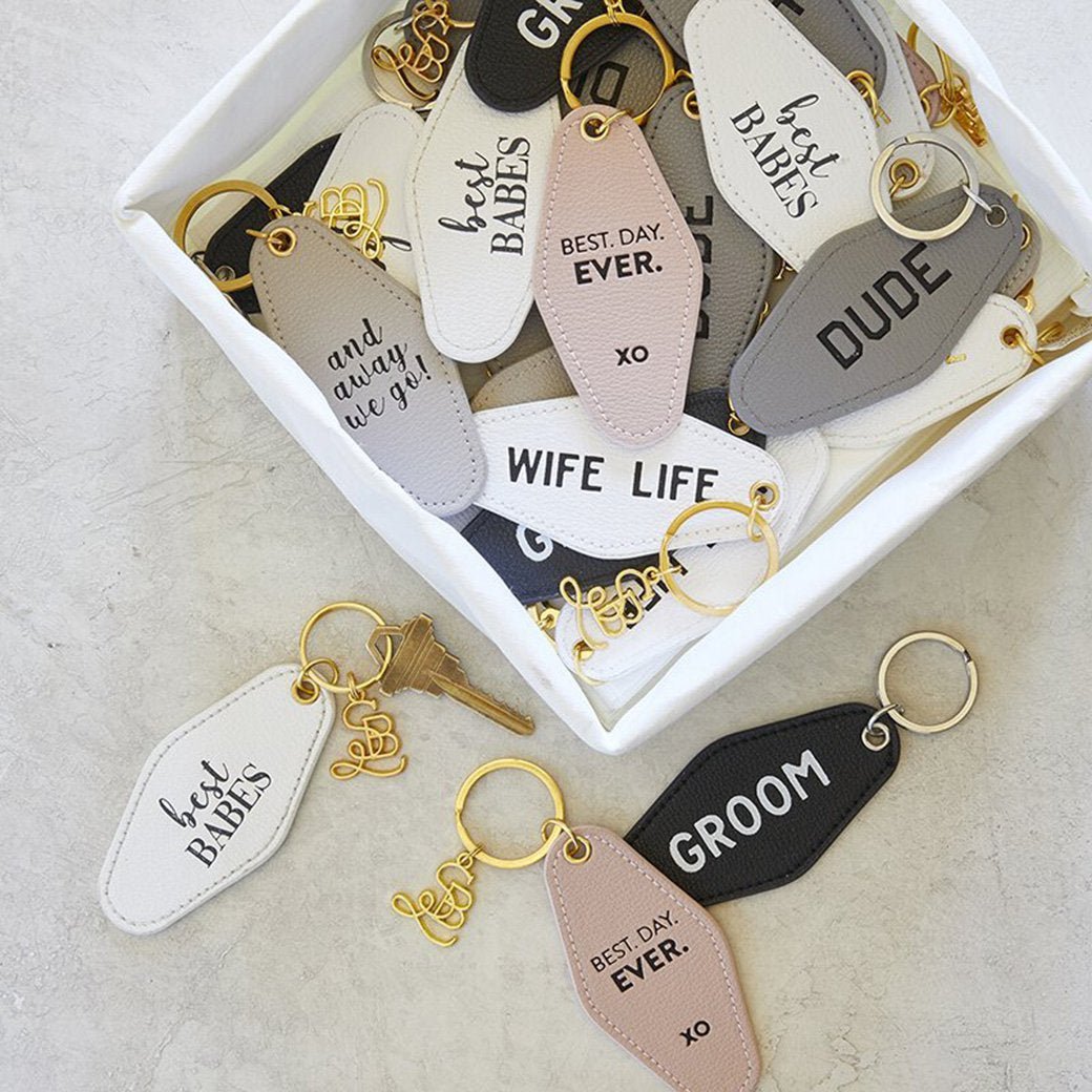 And Away We Go Leather Style Motel Key Tag | Gold Accent Novelty Keychain