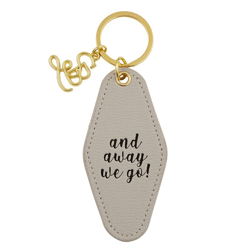And Away We Go Leather Style Motel Key Tag | Gold Accent Novelty Keychain