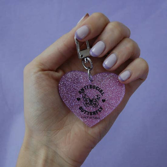 Antisocial Butterfly Glitter Heart Keychain In Purple