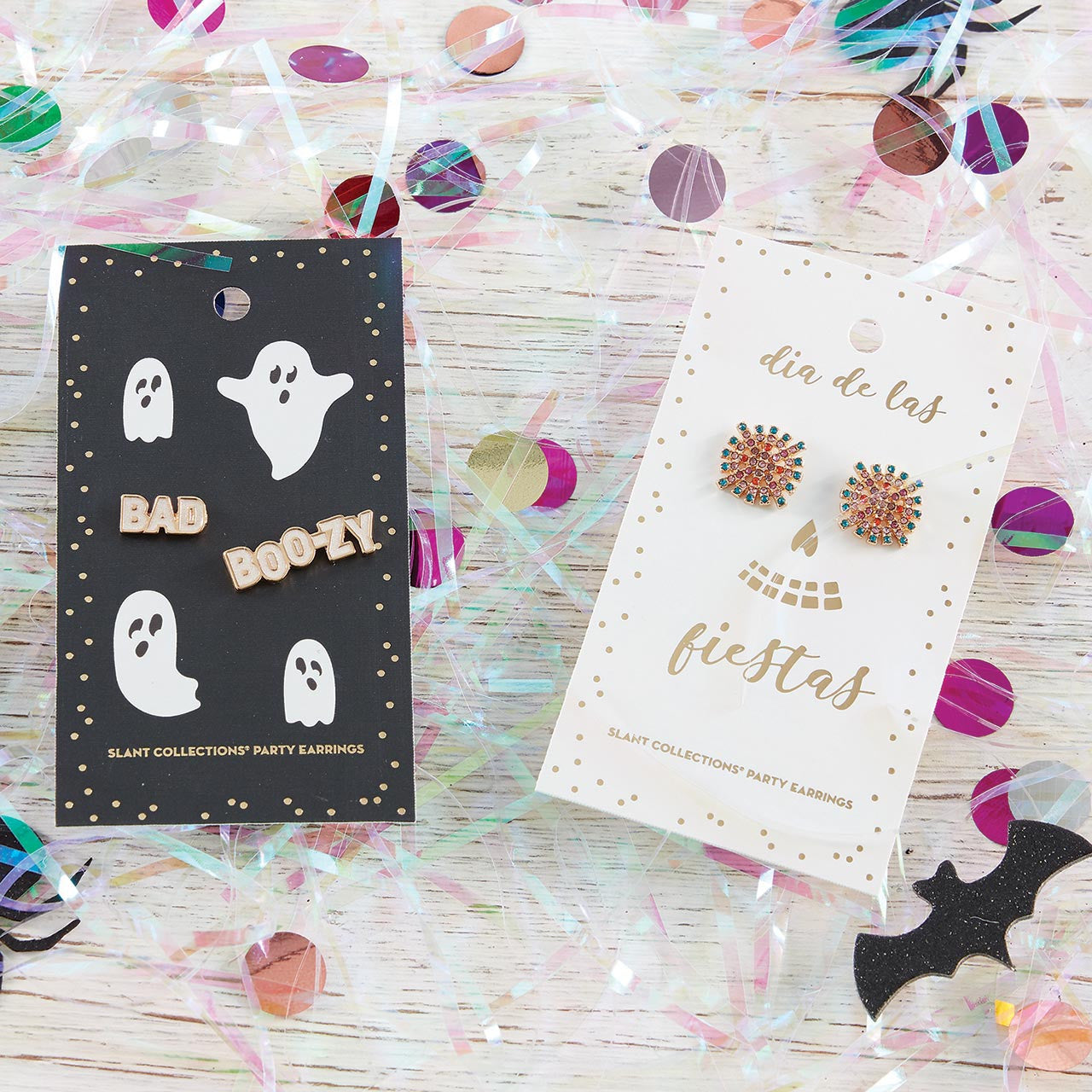 Bad and Boozy Party Earrings | Mismatched Earrings on Halloween Themed Card