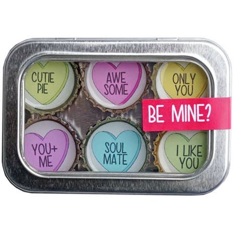 Be Mine Magnets 6 Pack | Round Bottle-Cap Style Magnet Set in a Gift Tin