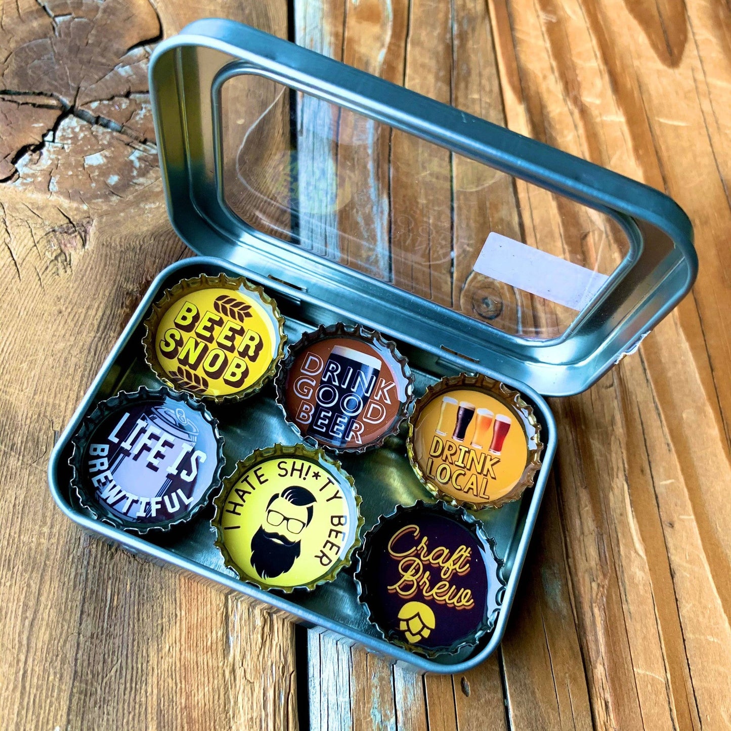 Beer Snob Magnets 6 Pack | Round Bottle-Cap Style Magnet Set in a Gift Tin
