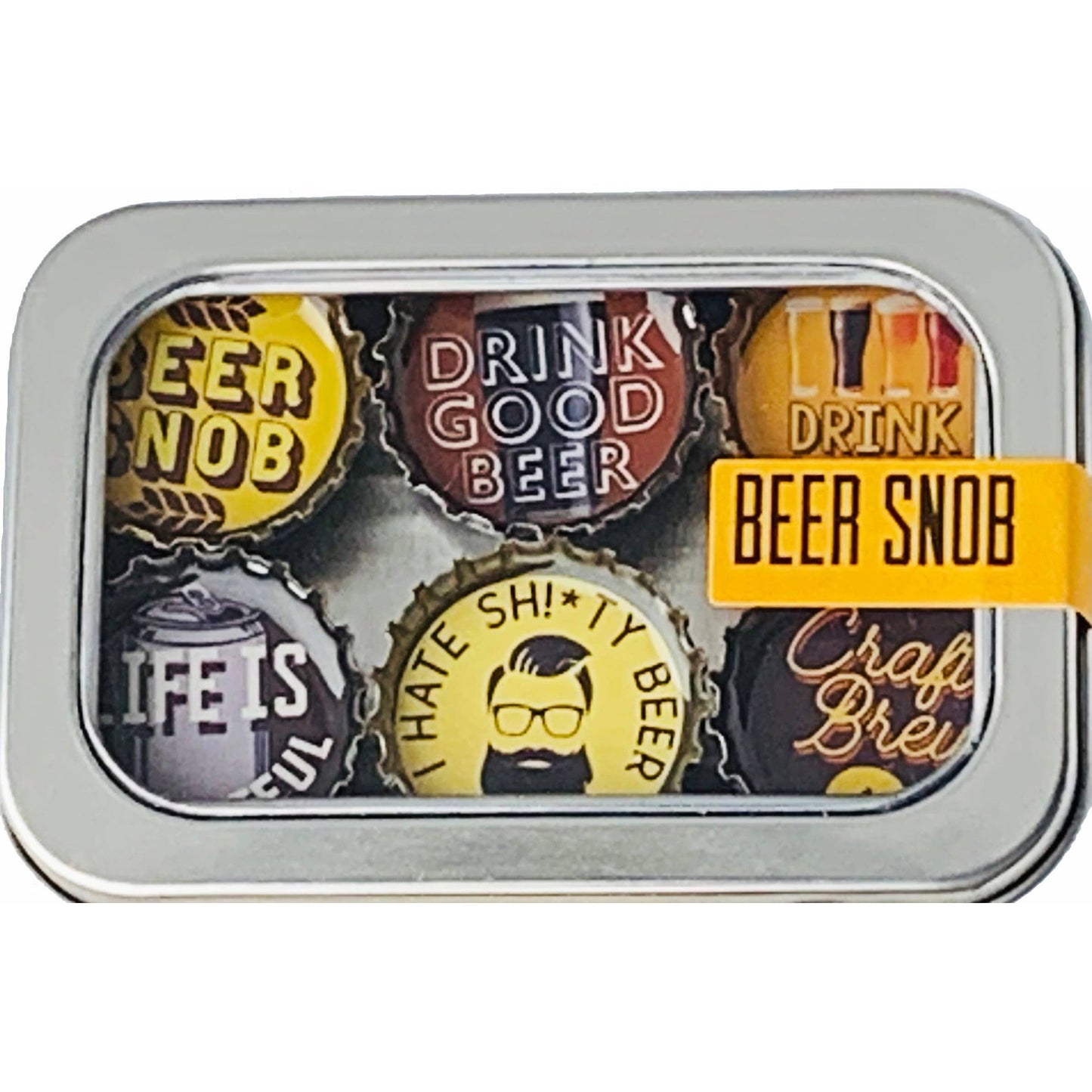 Beer Snob Magnets 6 Pack | Round Bottle-Cap Style Magnet Set in a Gift Tin