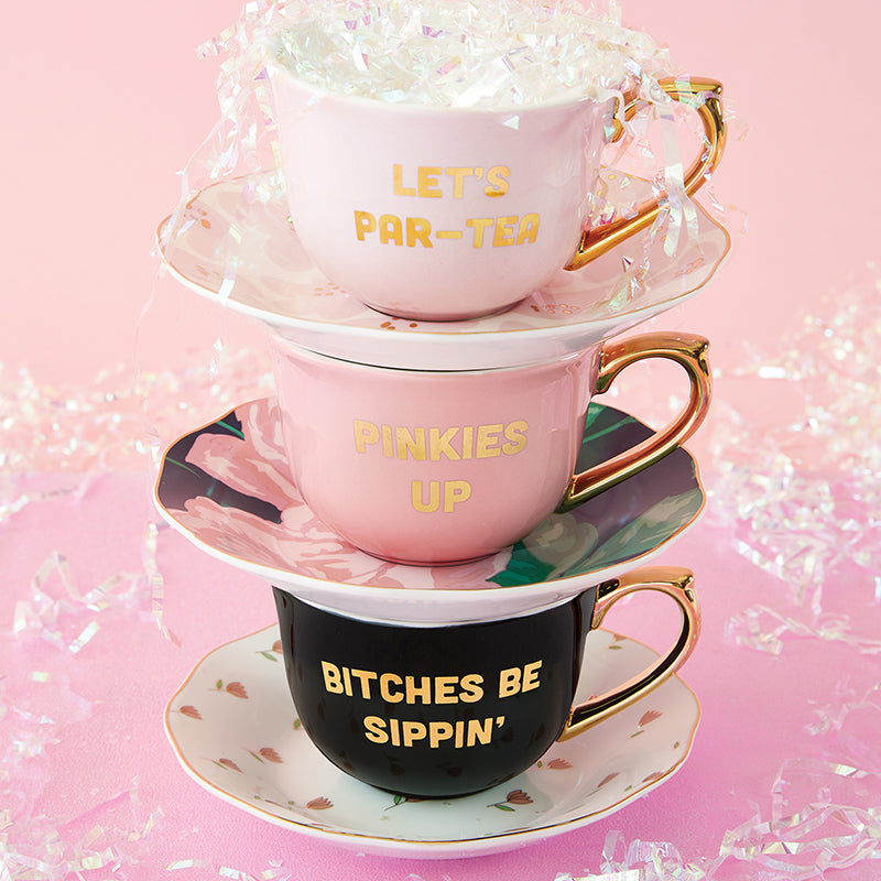 Bitches Be Sippin' Tea Cup and Saucer Set in Black, Gold and Floral