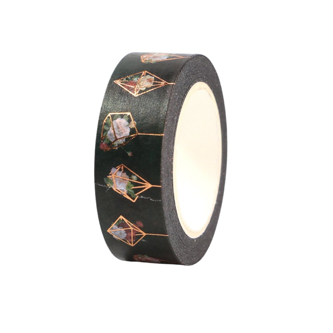 Black Geo Flowers Washi Tape with Rose Gold Accents | Gift Wrapping and Craft Tape