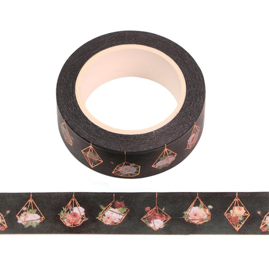 Black Geo Flowers Washi Tape with Rose Gold Accents | Gift Wrapping and Craft Tape