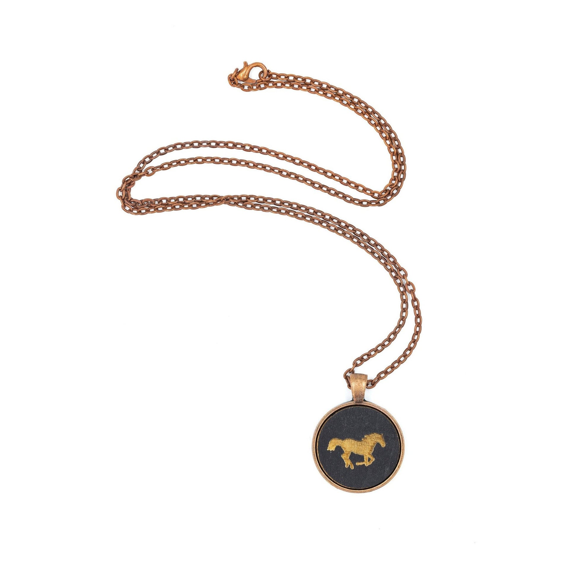 Black Horse Galloping Small Cameo Circle Pendant | Copper | Handmade