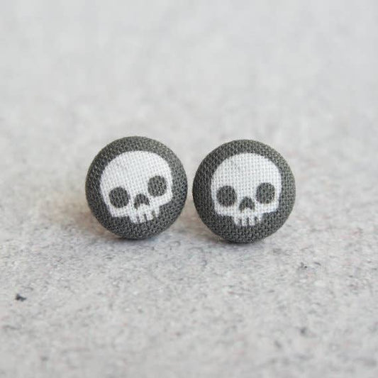 Black Skulls Fabric Button Earrings | Handmade in the US