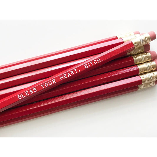 Bless Your Heart, Bitch Wooden Pencil Set in Red | Set of 5 Funny Sweary Profanity Pencils