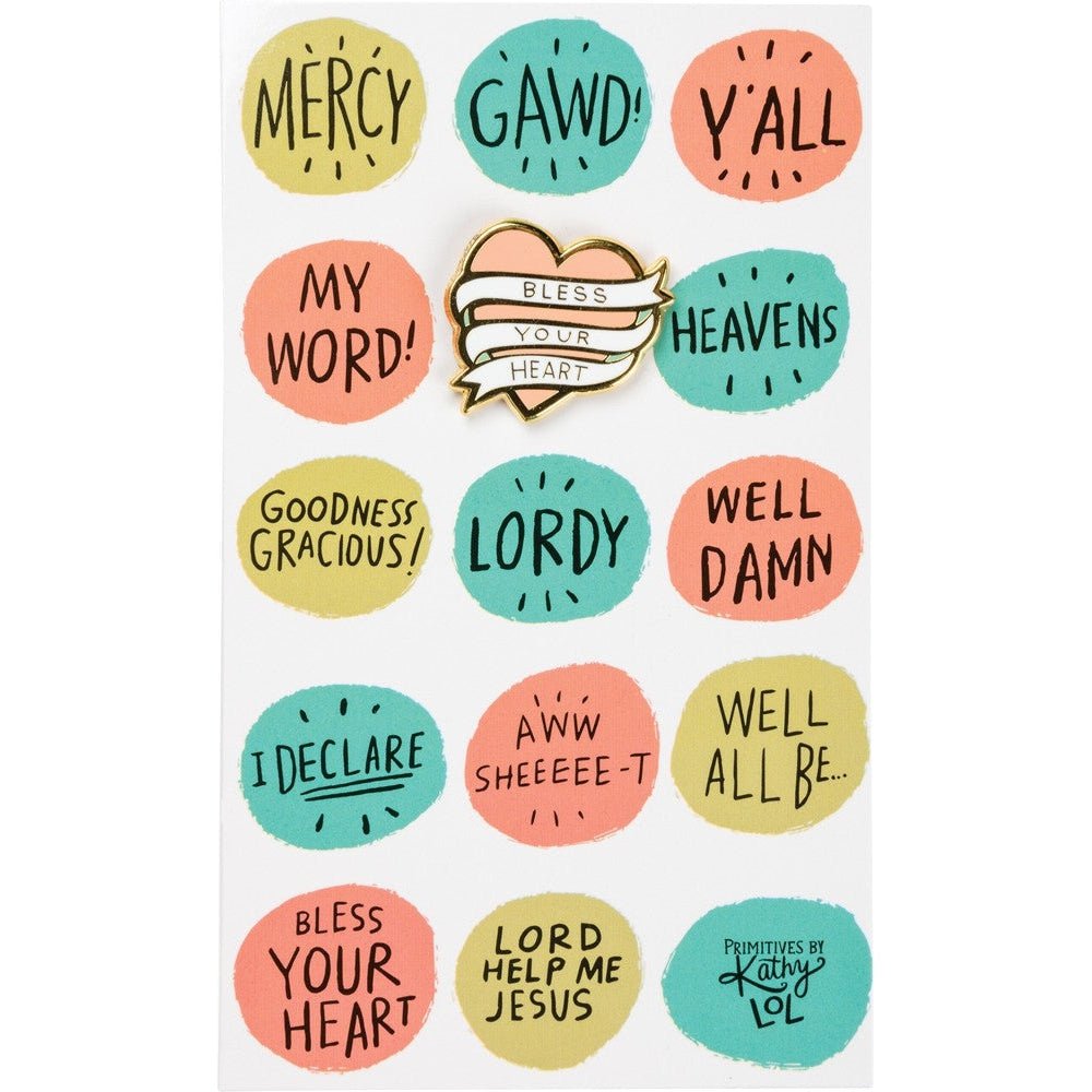 Bless Your Heart Enamel Pin in Pink on Southern-Inspired Gift Card