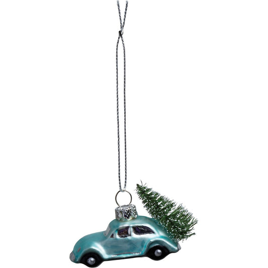 Blue Car with Christmas Tree Glass Ornament