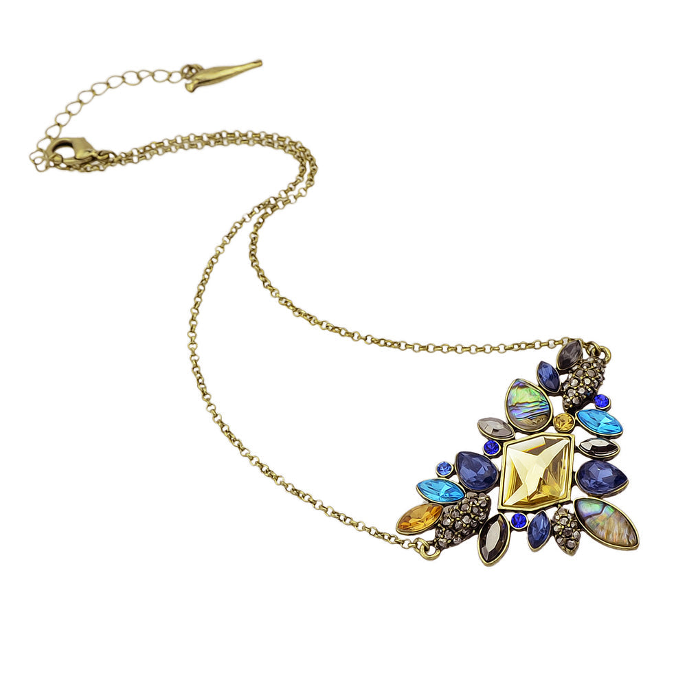 Blue Triangle Gem Statement Necklace with Gold Chain