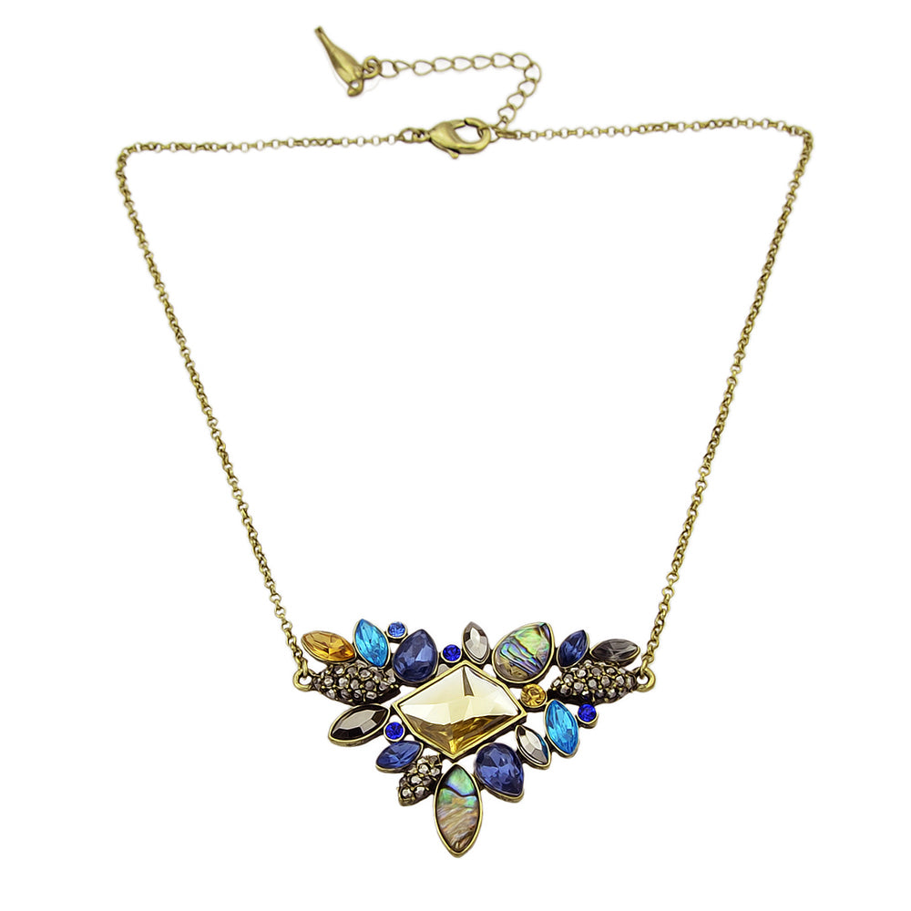 Blue Triangle Gem Statement Necklace with Gold Chain