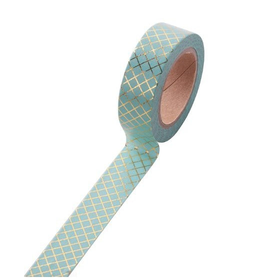 Blue and Gold Grid Washi Decorative Masking Tape | Gift Wrapping and Craft Tape