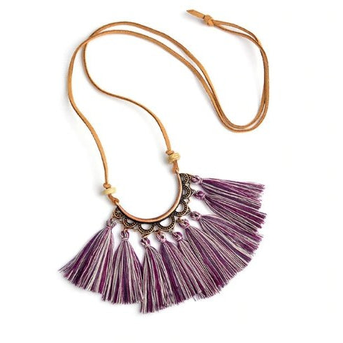 Bohemian Tassel Necklace in Multi Purple