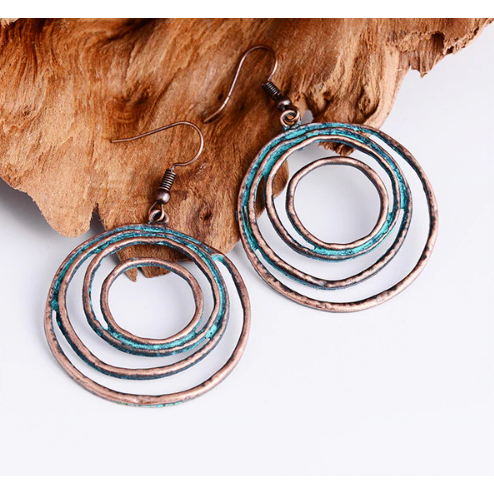 Boho Patina Dangle Circle Earrings | Hand-Painted Coppery Patina | 2.4" Ear Wire