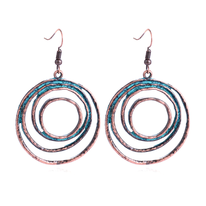 Boho Patina Dangle Circle Earrings | Hand-Painted Coppery Patina | 2.4" Ear Wire