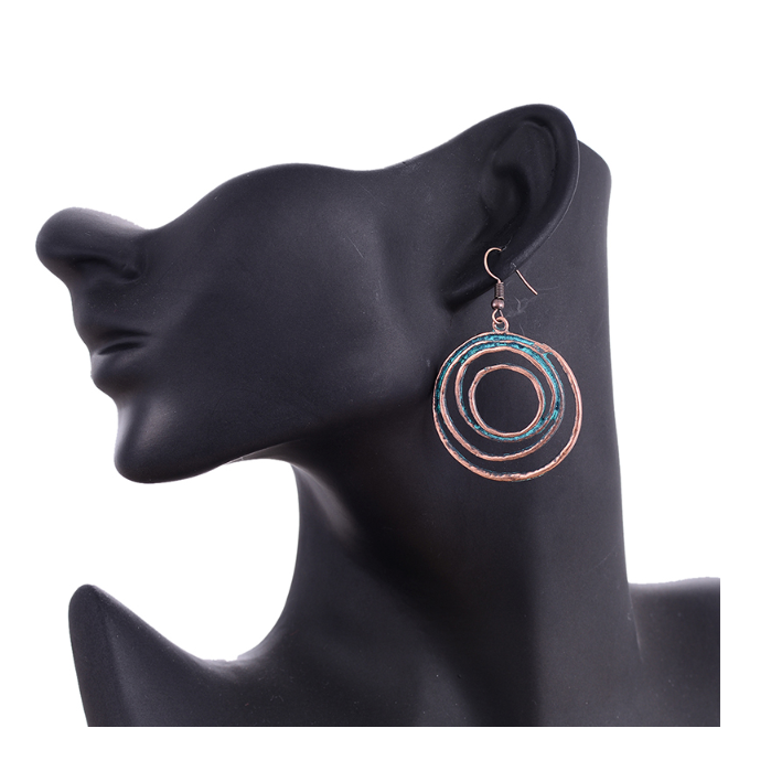 Boho Patina Dangle Circle Earrings | Hand-Painted Coppery Patina | 2.4" Ear Wire