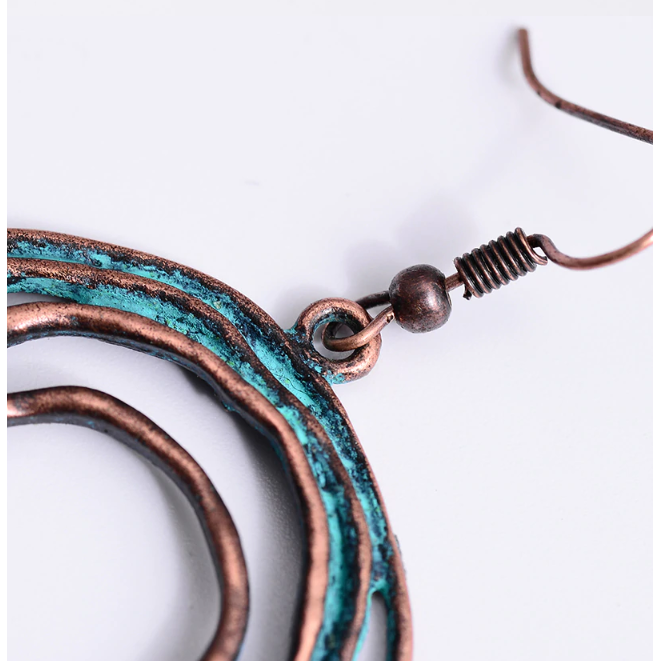 Boho Patina Dangle Circle Earrings | Hand-Painted Coppery Patina | 2.4" Ear Wire