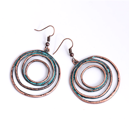 Boho Patina Dangle Circle Earrings | Hand-Painted Coppery Patina | 2.4" Ear Wire