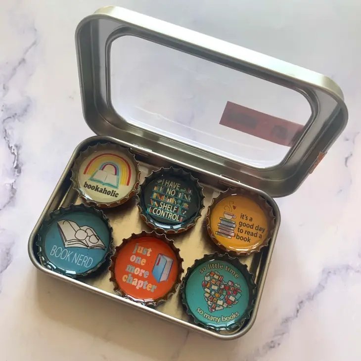 Book Lover Magnets 6 Pack | Round Bottle-Cap Style Magnet Set in a Gift Tin