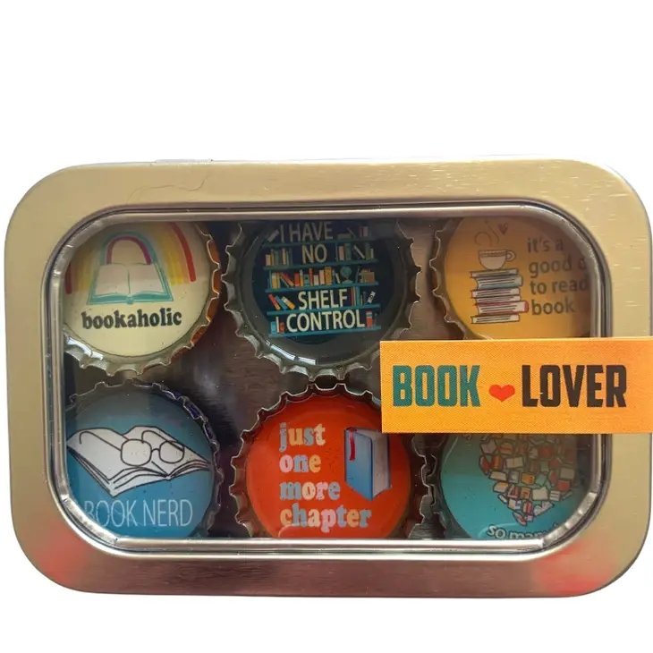 Book Lover Magnets 6 Pack | Round Bottle-Cap Style Magnet Set in a Gift Tin