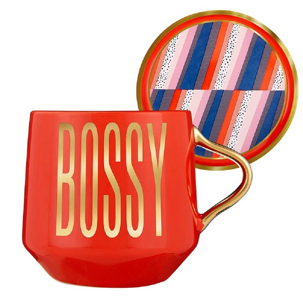 Bossy Mug & Coaster Lid in Red and Gold