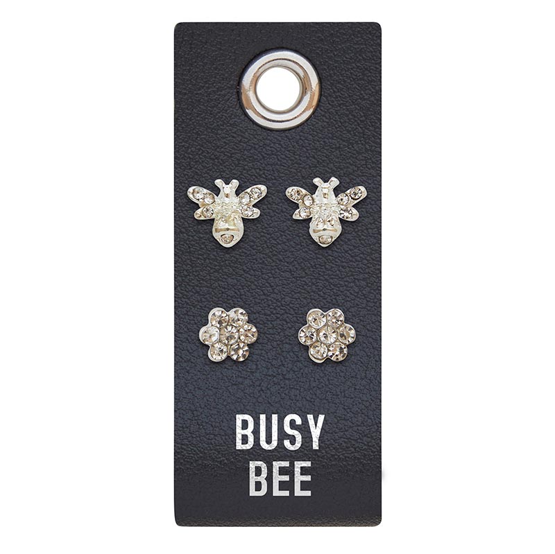 Busy Bee Flower Silver Rhinestone Stud Earrings Set | 2 Pairs on a Gift Tag