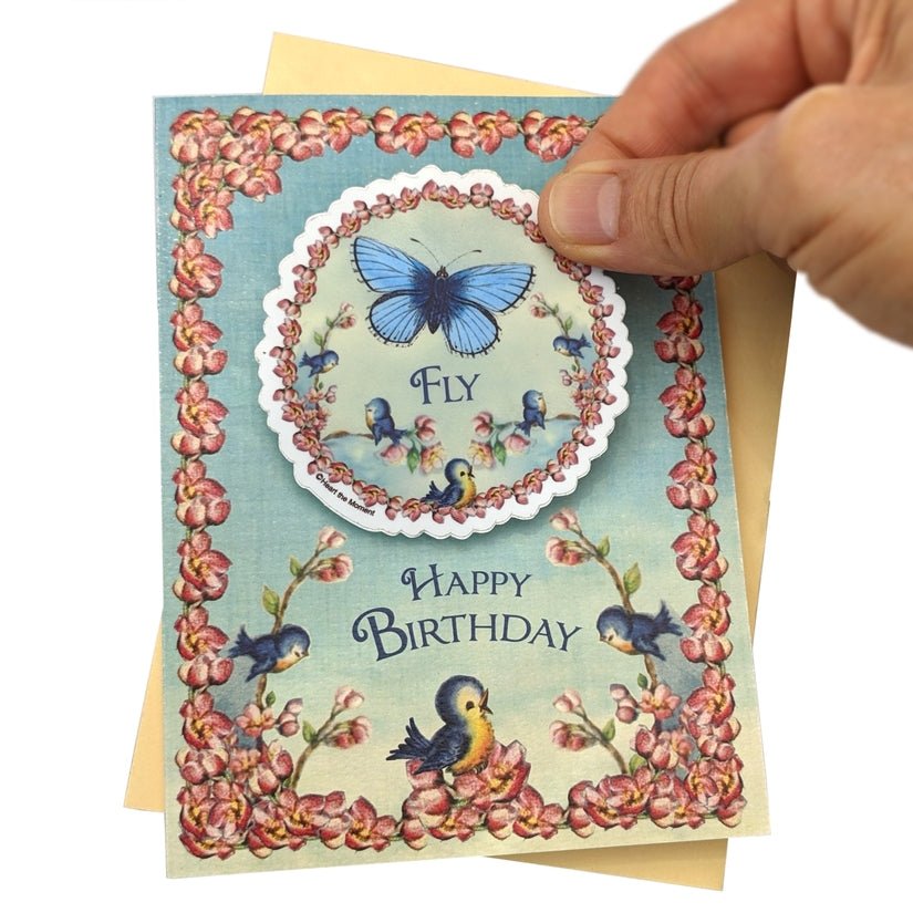 Butterfly Birthday Greeting Card with Detachable Vinyl Sticker | Vintage Design