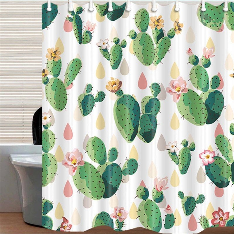 Cacti and Raindrops Fabric Shower Curtain in Pastel and Green