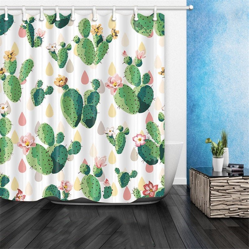 Cacti and Raindrops Fabric Shower Curtain in Pastel and Green