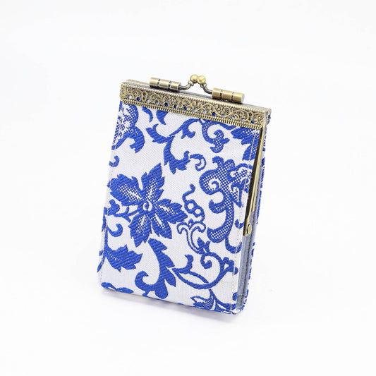 Card Holder in White and Blue Brocade | 10 Slots | RFID Blocking