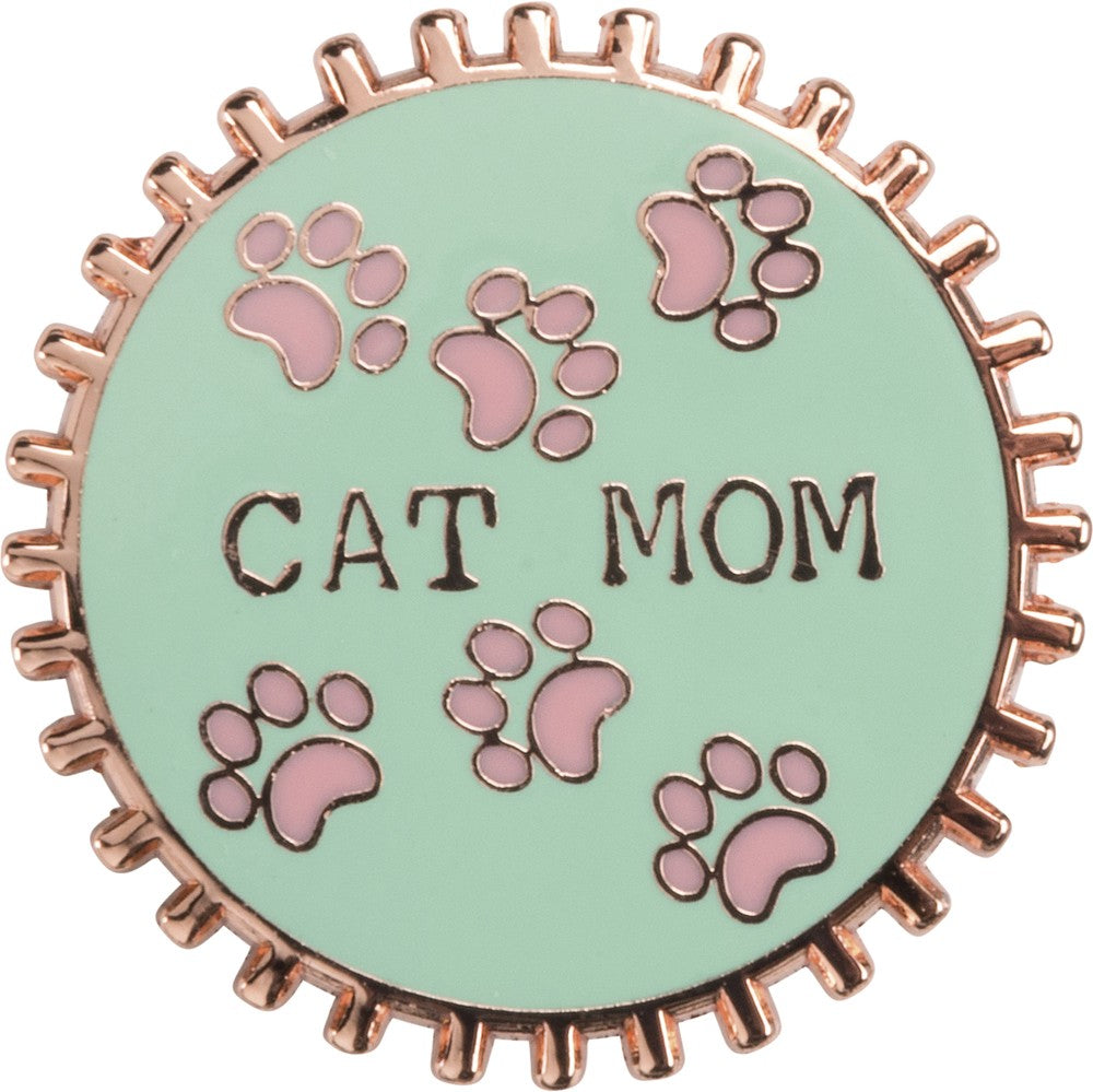 Cat Mom Pink and Green Enamel Pin on Gift Card