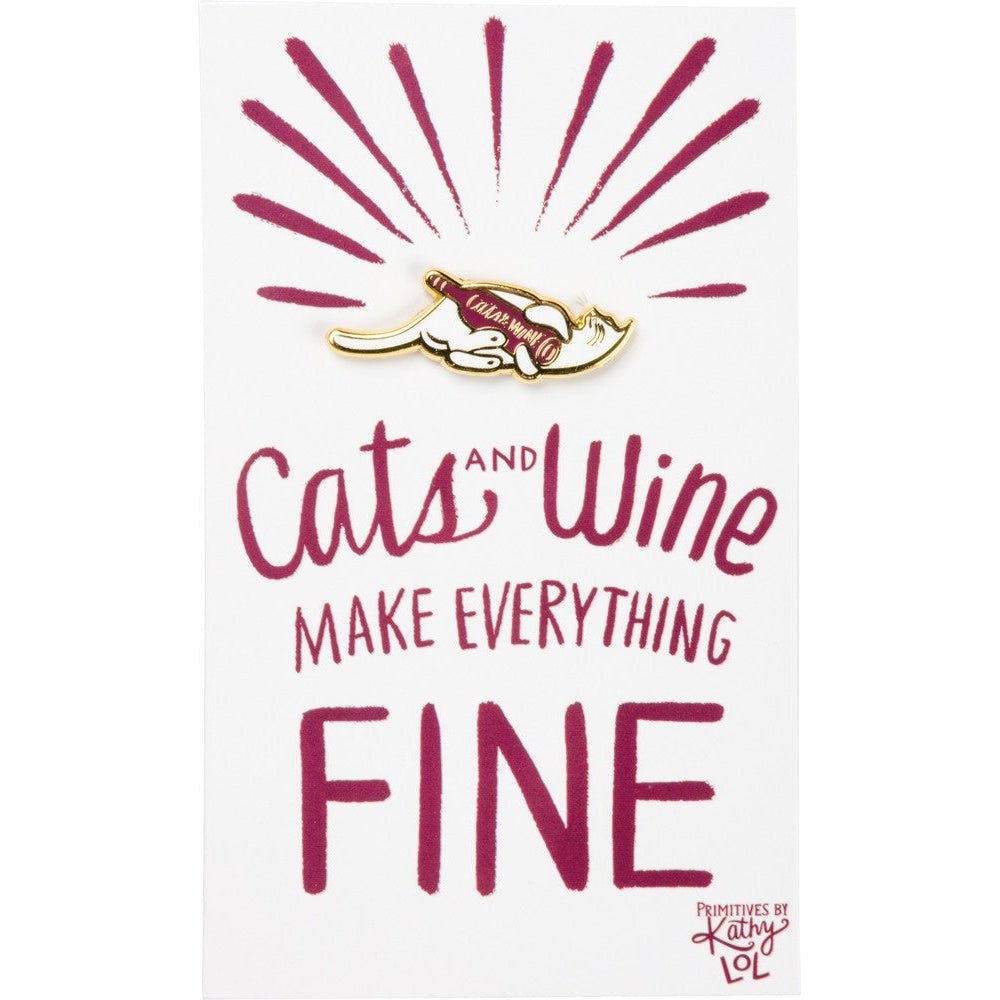 Cats and Wine Make Everything Fine Enamel Pin in Purplish Red and Gold