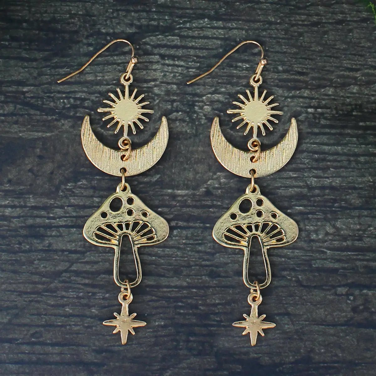 Celestial Magical Mushroom Gold Hook Earrings | 3" x 1" Gold Earrings