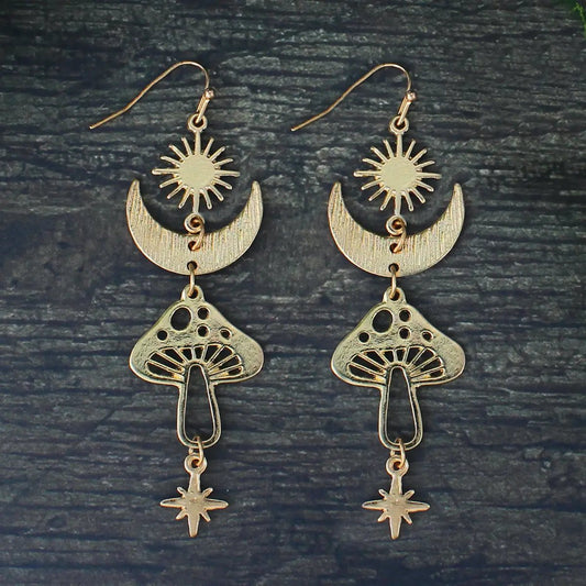 Celestial Magical Mushroom Gold Hook Earrings | 3" x 1" Gold Earrings