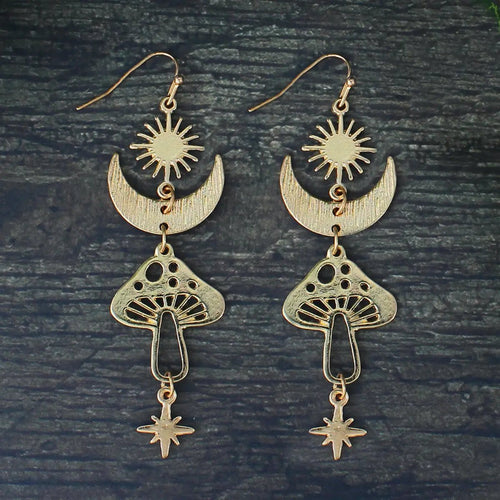 Celestial Magical Mushroom Gold Hook Earrings | 3" x 1" Gold Earrings