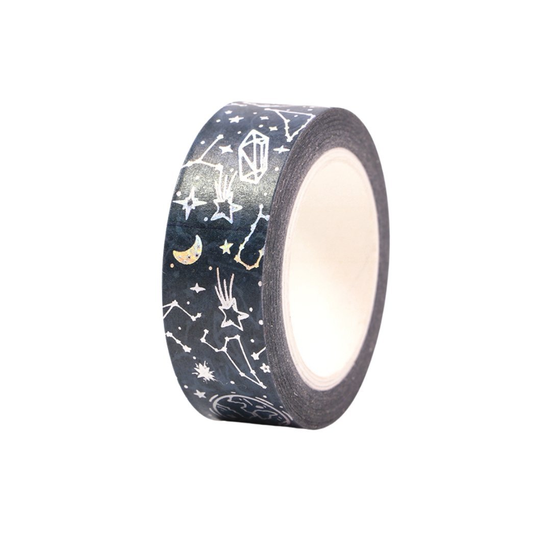 Celestial Silver Washi Tape | Moon and Constellations on Black | Gift Wrapping and Craft Tape